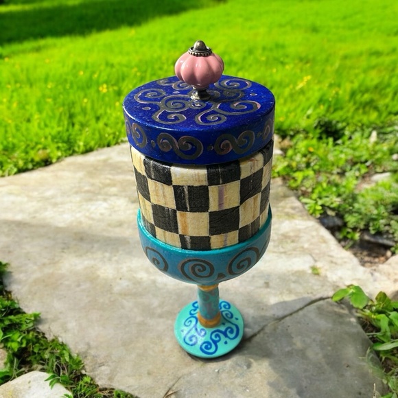 Artistic Blue and Black Checkered Trinket Jar, Mackenzie Child Inspired.. - Picture 2 of 14